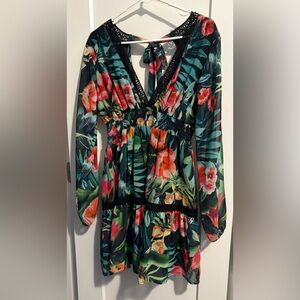 Floral Long Sleeve Dress with Lace Trim Small